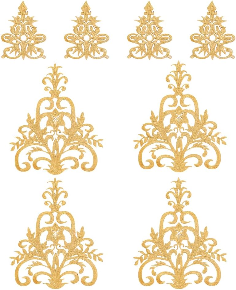 NBEADS 8 Pcs 2 Styles Gold Floral Embroidered Applique Patch, Iron on Patches Sew on Patches Ethnic Style Applique for Sewing Wedding Bride Dress Shoes Clothing Decoration Repair - Image 1